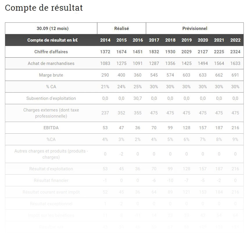 Compte de résultat d'une entreprise type en financement sur wesharebonds